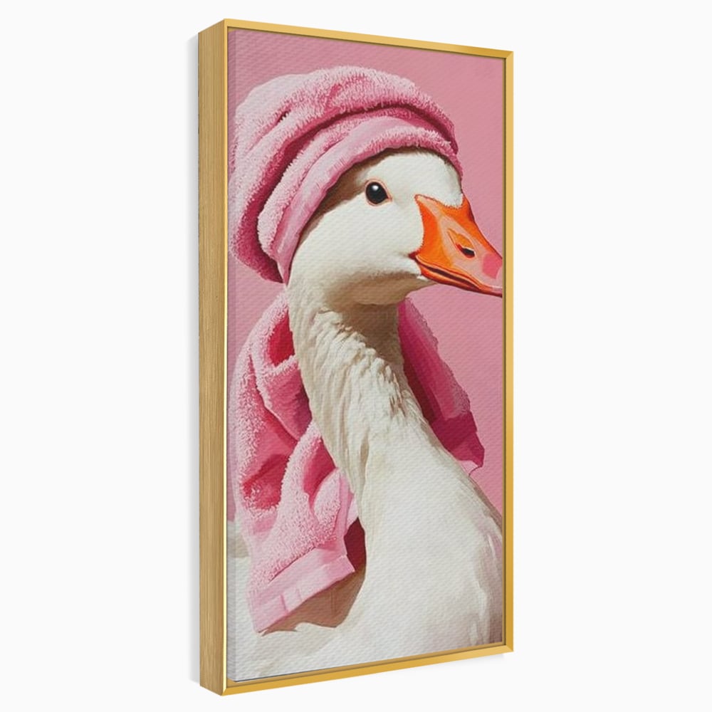 Leinwand Wandkunst Leinwand Wandkunst Premium, LuxCanva® M1527, Schönheitsritual, Badezimmer, Handtuch, rosa, rosa, Gans, Vogel, liebenswert, sauber, elegant, Schlafzimmer, Büro, Wohnen, Babyzimmer