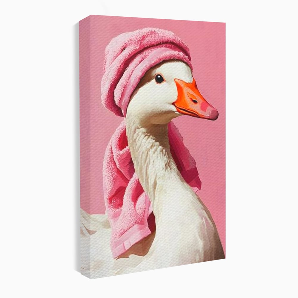 Leinwand Wandkunst Leinwand Wandkunst Premium, LuxCanva® M1527, Schönheitsritual, Badezimmer, Handtuch, rosa, rosa, Gans, Vogel, liebenswert, sauber, elegant, Schlafzimmer, Büro, Wohnen, Babyzimmer