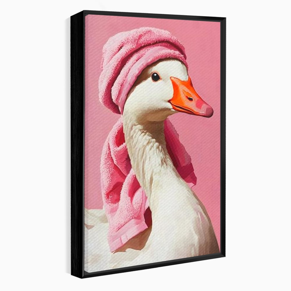Leinwand Wandkunst Leinwand Wandkunst Premium, LuxCanva® M1527, Schönheitsritual, Badezimmer, Handtuch, rosa, rosa, Gans, Vogel, liebenswert, sauber, elegant, Schlafzimmer, Büro, Wohnen, Babyzimmer