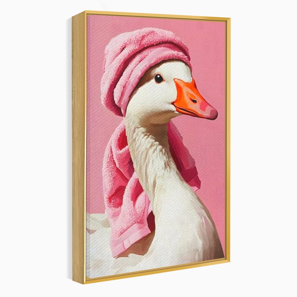 Leinwand Wandkunst Leinwand Wandkunst Premium, LuxCanva® M1527, Schönheitsritual, Badezimmer, Handtuch, rosa, rosa, Gans, Vogel, liebenswert, sauber, elegant, Schlafzimmer, Büro, Wohnen, Babyzimmer