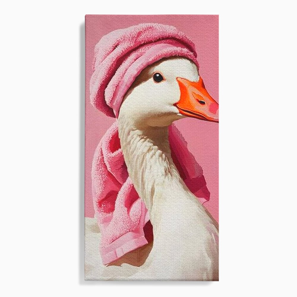Leinwand Wandkunst Leinwand Wandkunst Premium, LuxCanva® M1527, Schönheitsritual, Badezimmer, Handtuch, rosa, rosa, Gans, Vogel, liebenswert, sauber, elegant, Schlafzimmer, Büro, Wohnen, Babyzimmer