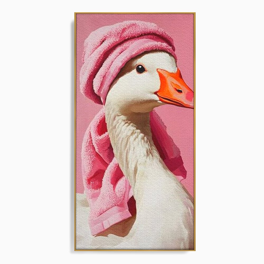 Leinwand Wandkunst Leinwand Wandkunst Premium, LuxCanva® M1527, Schönheitsritual, Badezimmer, Handtuch, rosa, rosa, Gans, Vogel, liebenswert, sauber, elegant, Schlafzimmer, Büro, Wohnen, Babyzimmer