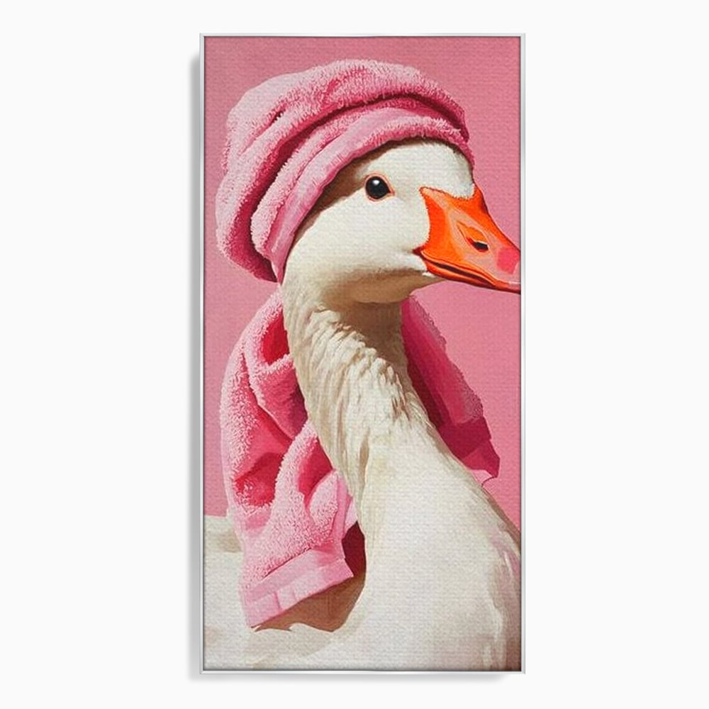 Leinwand Wandkunst Leinwand Wandkunst Premium, LuxCanva® M1527, Schönheitsritual, Badezimmer, Handtuch, rosa, rosa, Gans, Vogel, liebenswert, sauber, elegant, Schlafzimmer, Büro, Wohnen, Babyzimmer