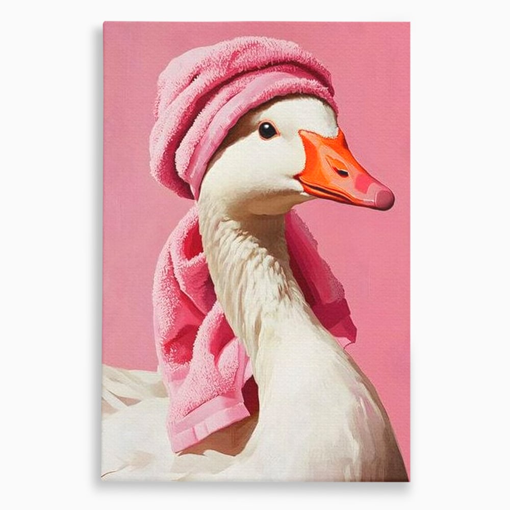 Leinwand Wandkunst Leinwand Wandkunst Premium, LuxCanva® M1527, Schönheitsritual, Badezimmer, Handtuch, rosa, rosa, Gans, Vogel, liebenswert, sauber, elegant, Schlafzimmer, Büro, Wohnen, Babyzimmer