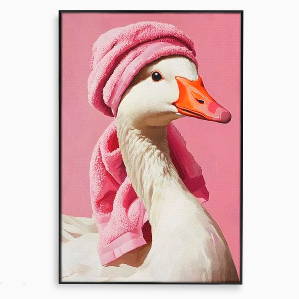 Leinwand Wandkunst Leinwand Wandkunst Premium, LuxCanva® M1527, Schönheitsritual, Badezimmer, Handtuch, rosa, rosa, Gans, Vogel, liebenswert, sauber, elegant, Schlafzimmer, Büro, Wohnen, Babyzimmer