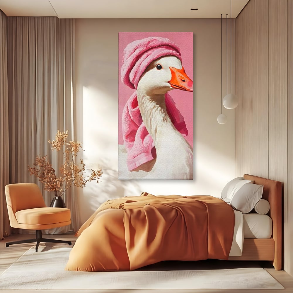 Leinwand Wandkunst Leinwand Wandkunst Premium, LuxCanva® M1527, Schönheitsritual, Badezimmer, Handtuch, rosa, rosa, Gans, Vogel, liebenswert, sauber, elegant, Schlafzimmer, Büro, Wohnen, Babyzimmer