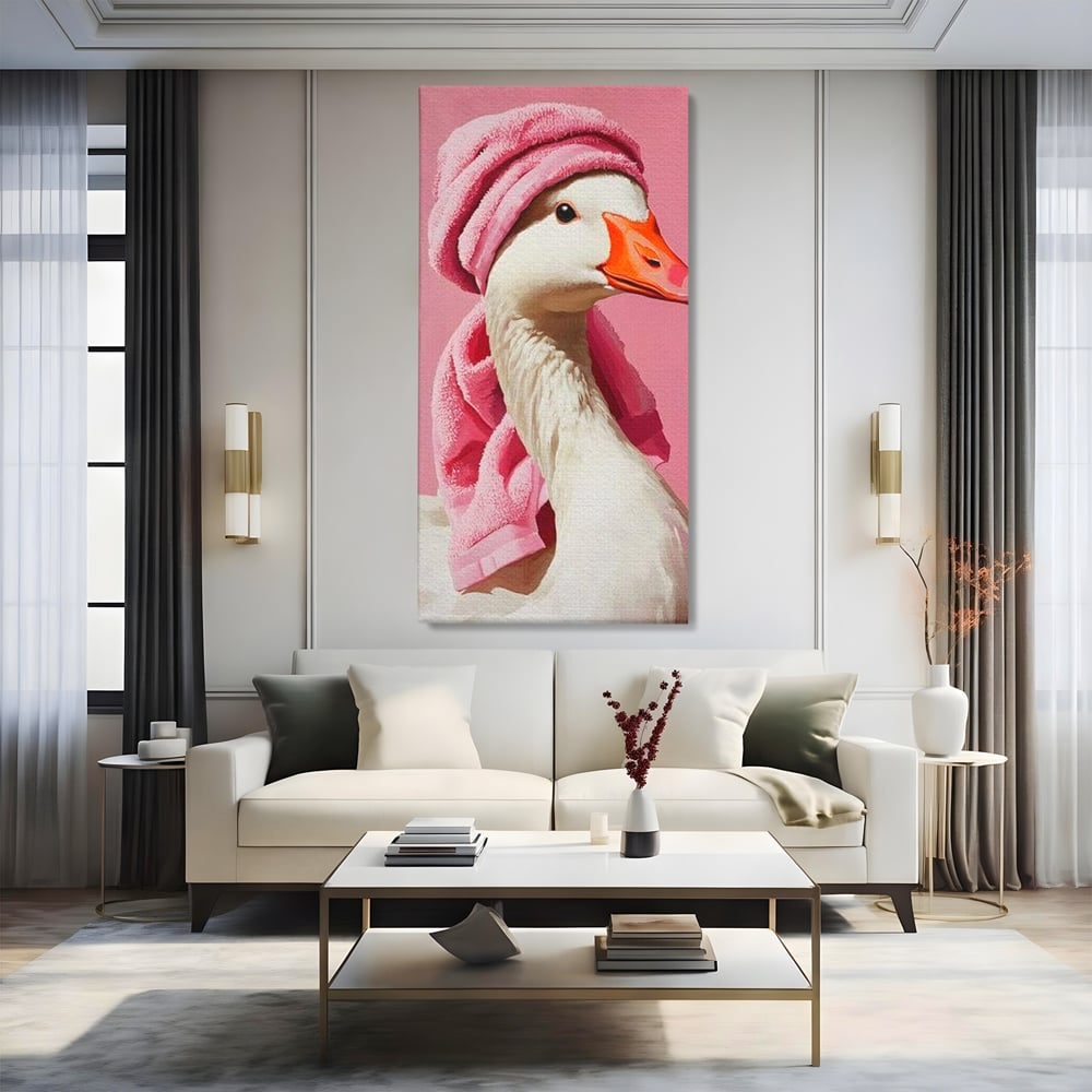 Leinwand Wandkunst Leinwand Wandkunst Premium, LuxCanva® M1527, Schönheitsritual, Badezimmer, Handtuch, rosa, rosa, Gans, Vogel, liebenswert, sauber, elegant, Schlafzimmer, Büro, Wohnen, Babyzimmer