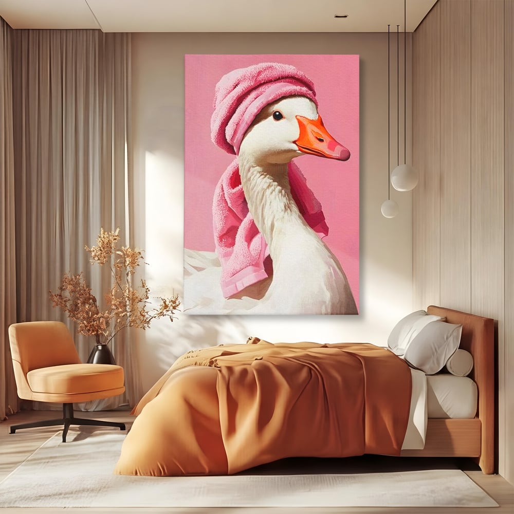 Leinwand Wandkunst Leinwand Wandkunst Premium, LuxCanva® M1527, Schönheitsritual, Badezimmer, Handtuch, rosa, rosa, Gans, Vogel, liebenswert, sauber, elegant, Schlafzimmer, Büro, Wohnen, Babyzimmer