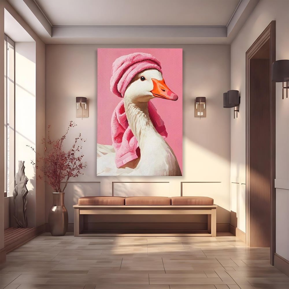 Leinwand Wandkunst Leinwand Wandkunst Premium, LuxCanva® M1527, Schönheitsritual, Badezimmer, Handtuch, rosa, rosa, Gans, Vogel, liebenswert, sauber, elegant, Schlafzimmer, Büro, Wohnen, Babyzimmer