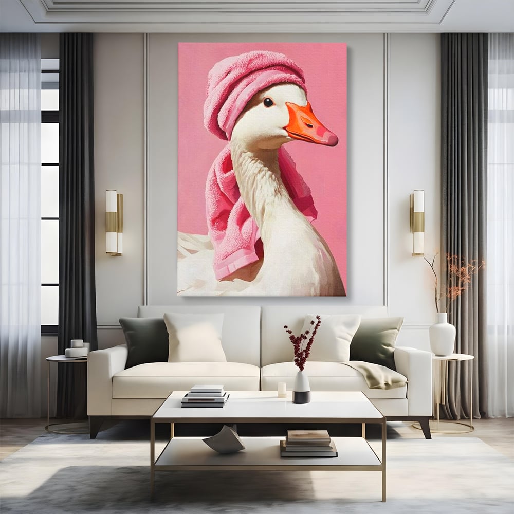 Leinwand Wandkunst Leinwand Wandkunst Premium, LuxCanva® M1527, Schönheitsritual, Badezimmer, Handtuch, rosa, rosa, Gans, Vogel, liebenswert, sauber, elegant, Schlafzimmer, Büro, Wohnen, Babyzimmer