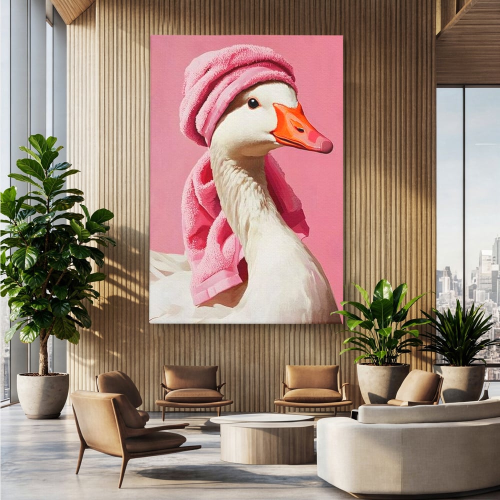 Leinwand Wandkunst Leinwand Wandkunst Premium, LuxCanva® M1527, Schönheitsritual, Badezimmer, Handtuch, rosa, rosa, Gans, Vogel, liebenswert, sauber, elegant, Schlafzimmer, Büro, Wohnen, Babyzimmer
