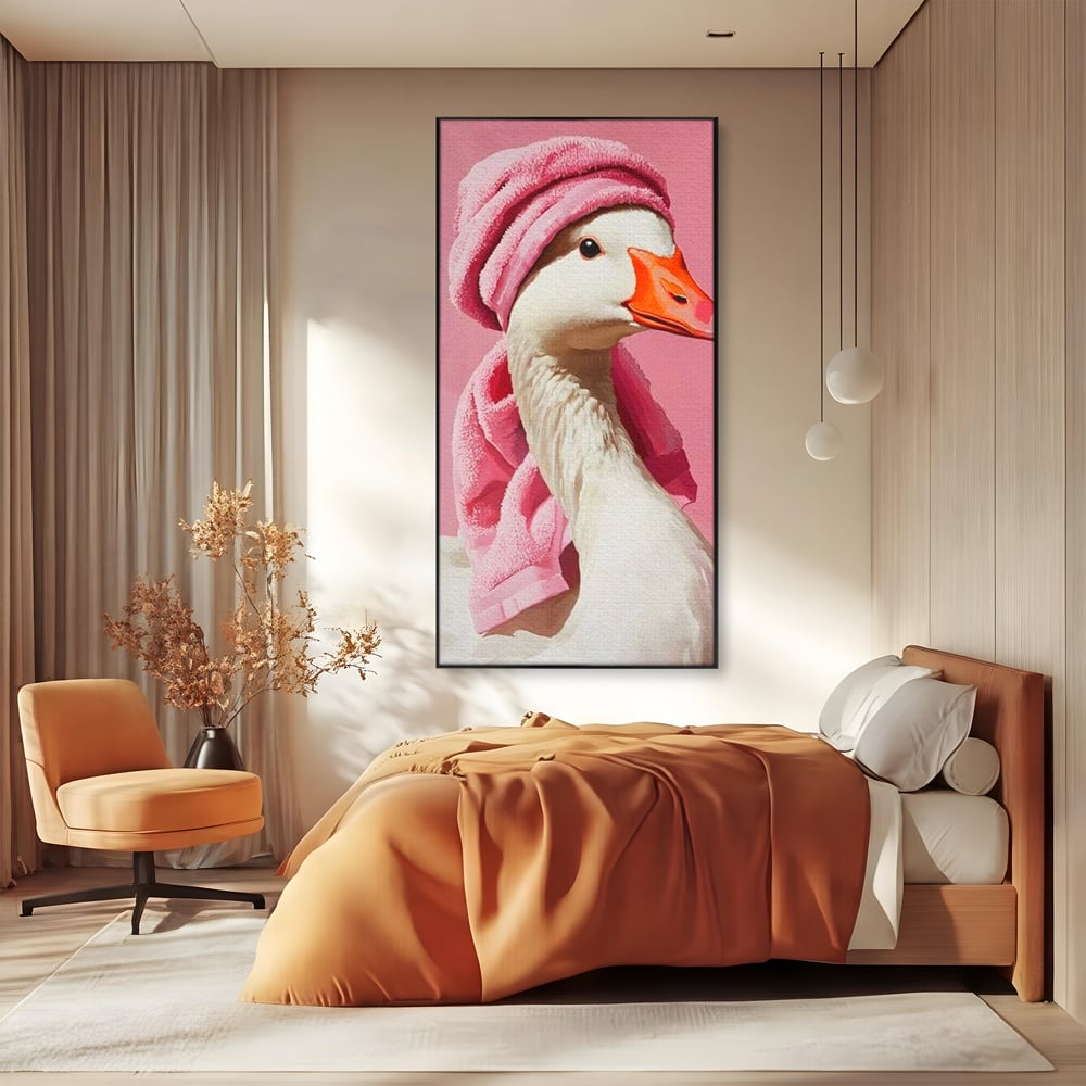 Leinwand Wandkunst Leinwand Wandkunst Premium, LuxCanva® M1527, Schönheitsritual, Badezimmer, Handtuch, rosa, rosa, Gans, Vogel, liebenswert, sauber, elegant, Schlafzimmer, Büro, Wohnen, Babyzimmer