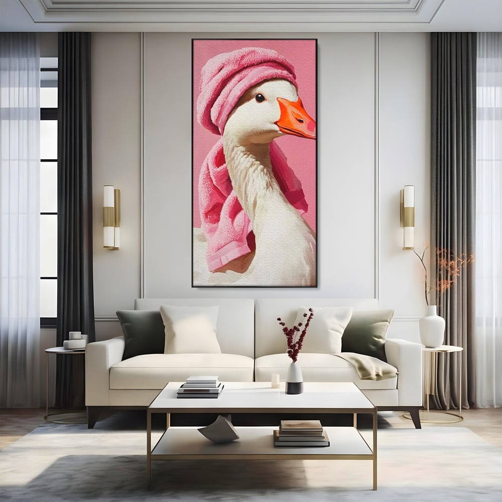 Leinwand Wandkunst Leinwand Wandkunst Premium, LuxCanva® M1527, Schönheitsritual, Badezimmer, Handtuch, rosa, rosa, Gans, Vogel, liebenswert, sauber, elegant, Schlafzimmer, Büro, Wohnen, Babyzimmer