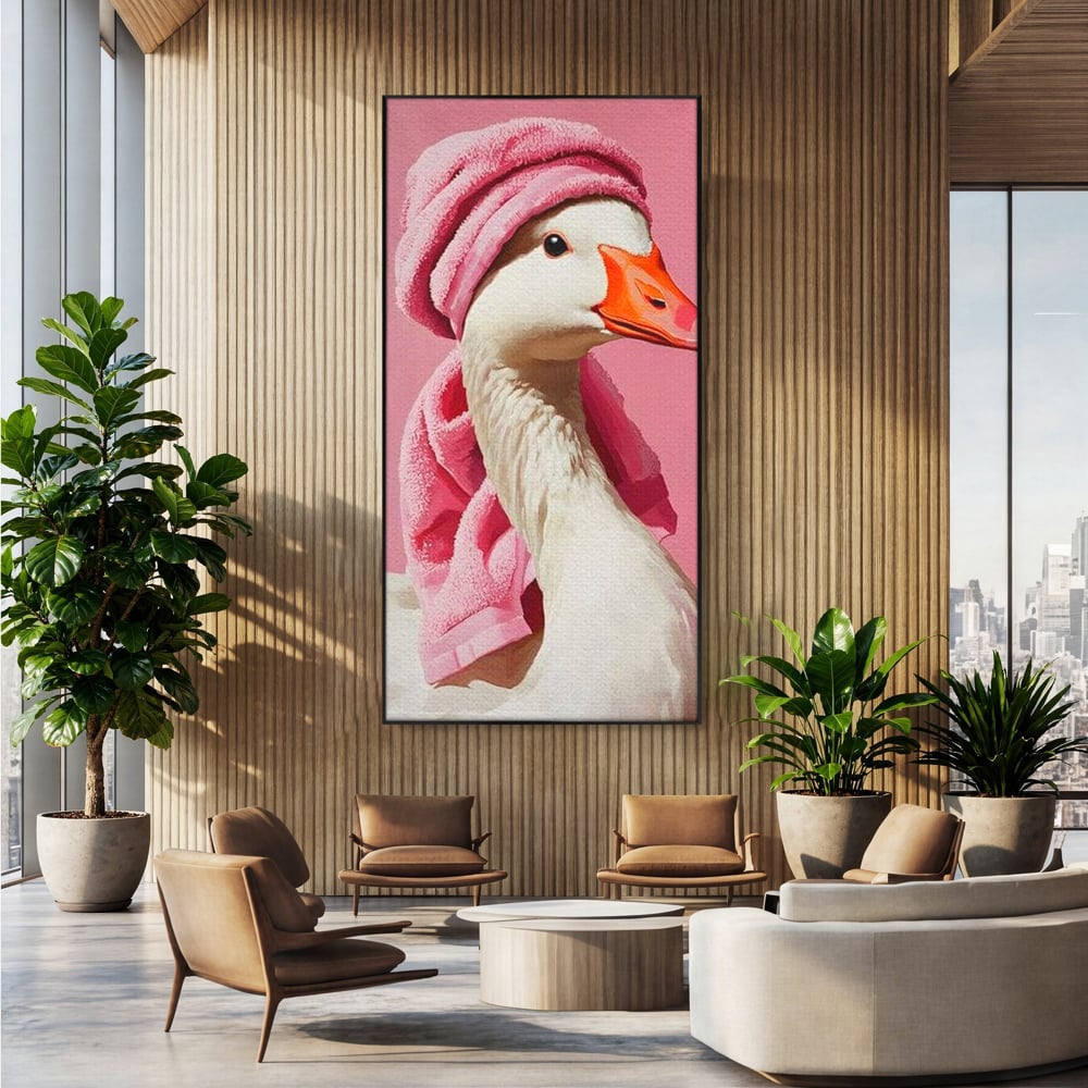 Leinwand Wandkunst Leinwand Wandkunst Premium, LuxCanva® M1527, Schönheitsritual, Badezimmer, Handtuch, rosa, rosa, Gans, Vogel, liebenswert, sauber, elegant, Schlafzimmer, Büro, Wohnen, Babyzimmer