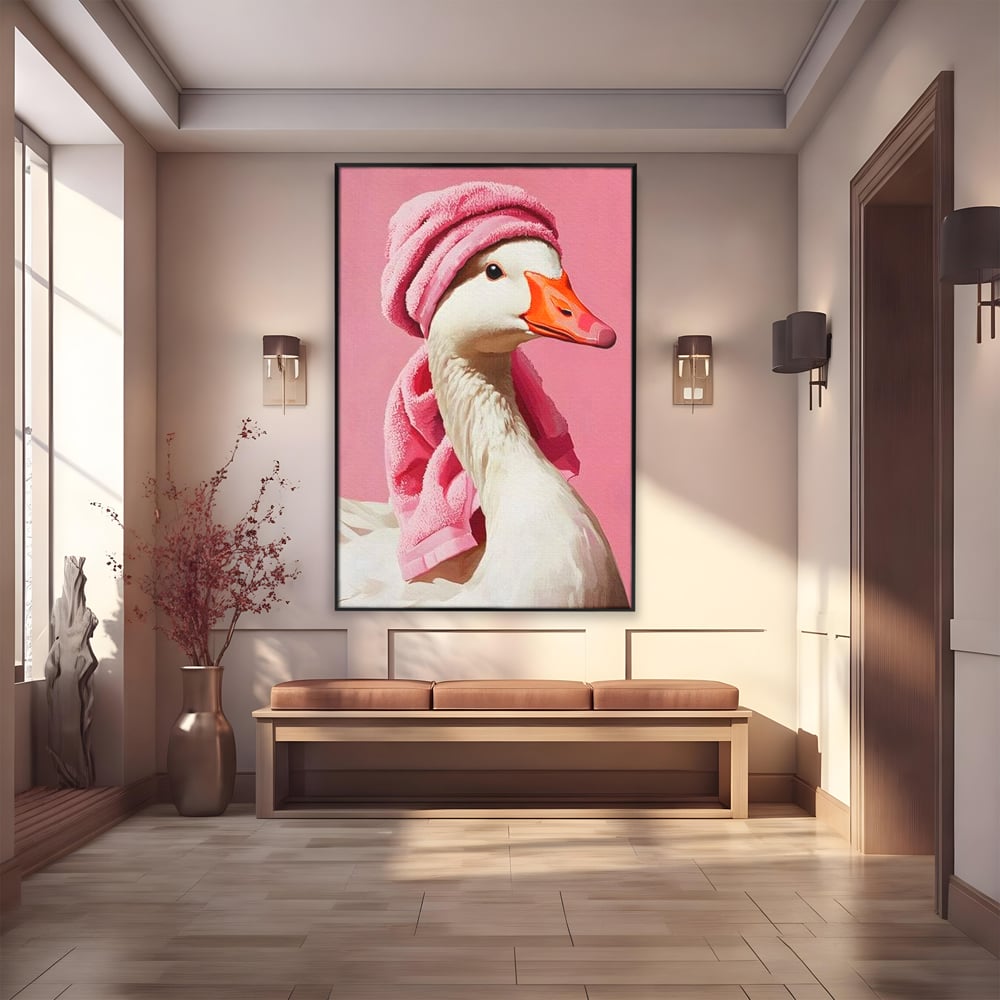 Leinwand Wandkunst Leinwand Wandkunst Premium, LuxCanva® M1527, Schönheitsritual, Badezimmer, Handtuch, rosa, rosa, Gans, Vogel, liebenswert, sauber, elegant, Schlafzimmer, Büro, Wohnen, Babyzimmer