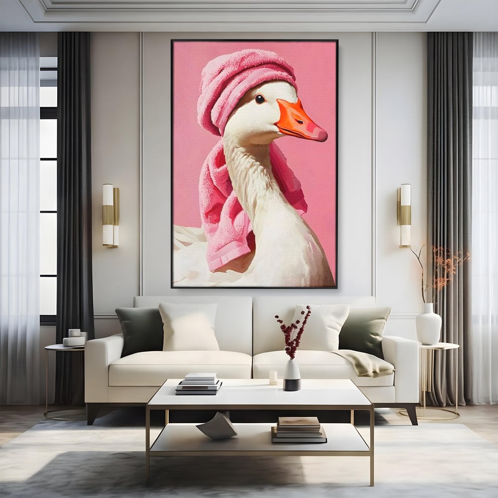 Leinwand Wandkunst Leinwand Wandkunst Premium, LuxCanva® M1527, Schönheitsritual, Badezimmer, Handtuch, rosa, rosa, Gans, Vogel, liebenswert, sauber, elegant, Schlafzimmer, Büro, Wohnen, Babyzimmer