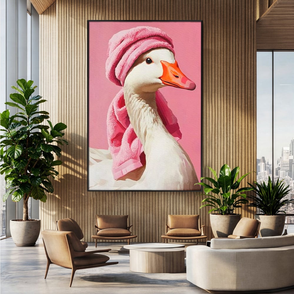 Leinwand Wandkunst Leinwand Wandkunst Premium, LuxCanva® M1527, Schönheitsritual, Badezimmer, Handtuch, rosa, rosa, Gans, Vogel, liebenswert, sauber, elegant, Schlafzimmer, Büro, Wohnen, Babyzimmer
