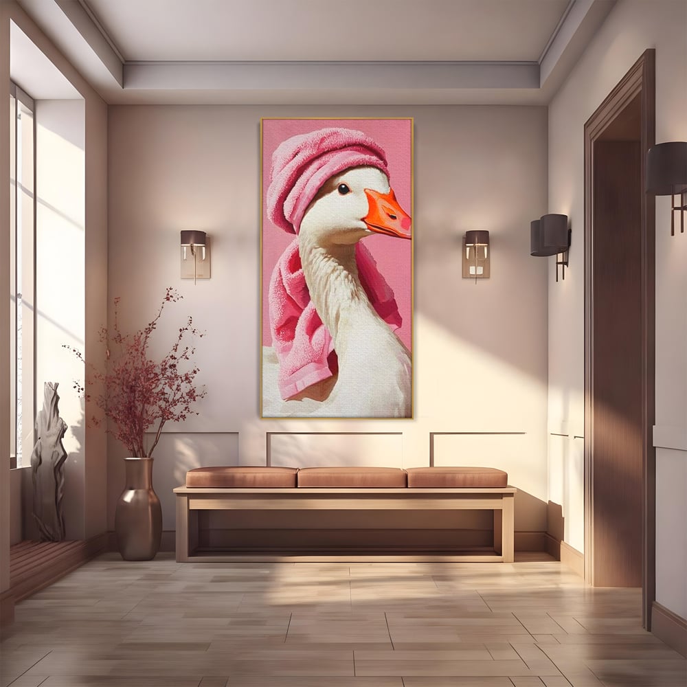 Leinwand Wandkunst Leinwand Wandkunst Premium, LuxCanva® M1527, Schönheitsritual, Badezimmer, Handtuch, rosa, rosa, Gans, Vogel, liebenswert, sauber, elegant, Schlafzimmer, Büro, Wohnen, Babyzimmer