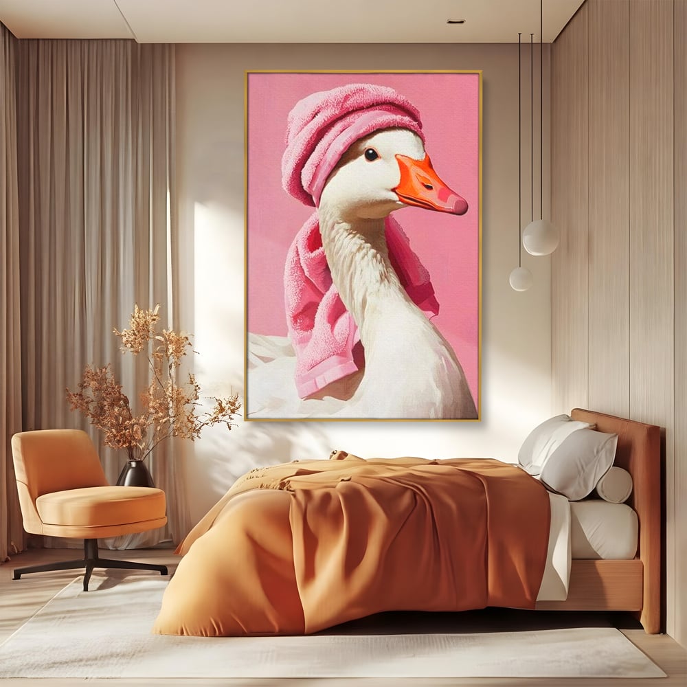 Leinwand Wandkunst Leinwand Wandkunst Premium, LuxCanva® M1527, Schönheitsritual, Badezimmer, Handtuch, rosa, rosa, Gans, Vogel, liebenswert, sauber, elegant, Schlafzimmer, Büro, Wohnen, Babyzimmer