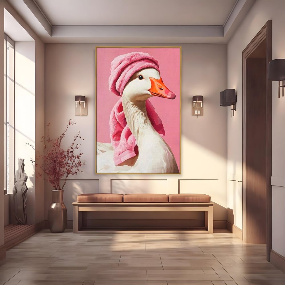 Leinwand Wandkunst Leinwand Wandkunst Premium, LuxCanva® M1527, Schönheitsritual, Badezimmer, Handtuch, rosa, rosa, Gans, Vogel, liebenswert, sauber, elegant, Schlafzimmer, Büro, Wohnen, Babyzimmer