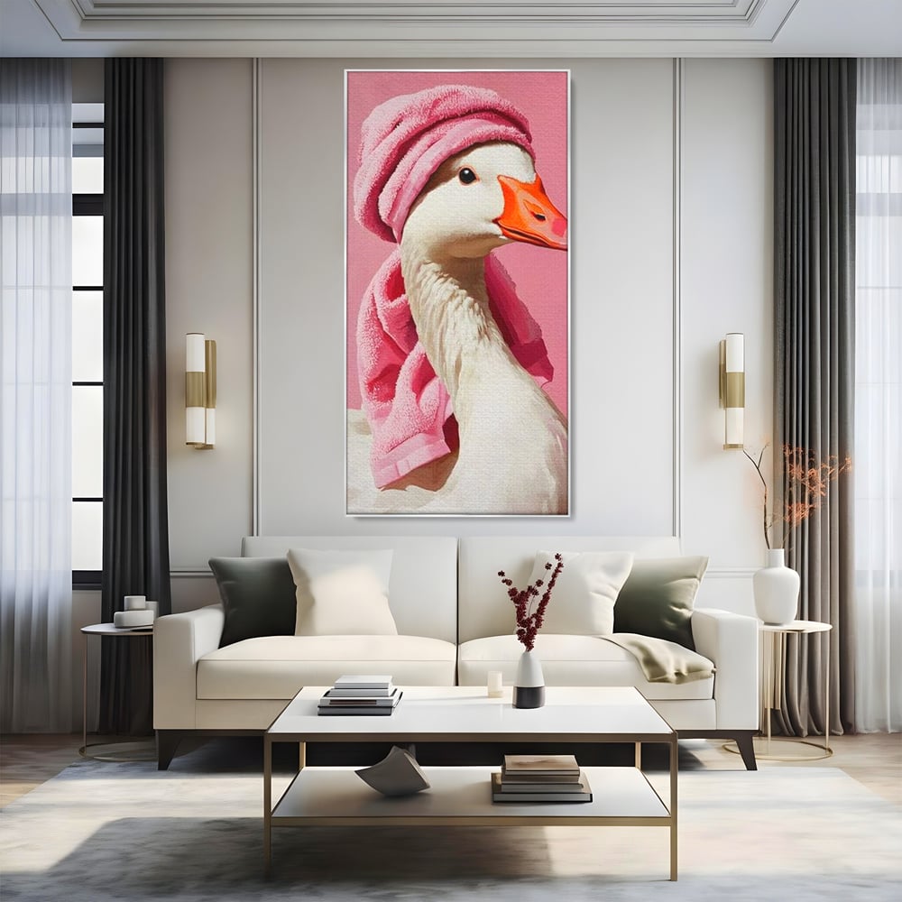 Leinwand Wandkunst Leinwand Wandkunst Premium, LuxCanva® M1527, Schönheitsritual, Badezimmer, Handtuch, rosa, rosa, Gans, Vogel, liebenswert, sauber, elegant, Schlafzimmer, Büro, Wohnen, Babyzimmer
