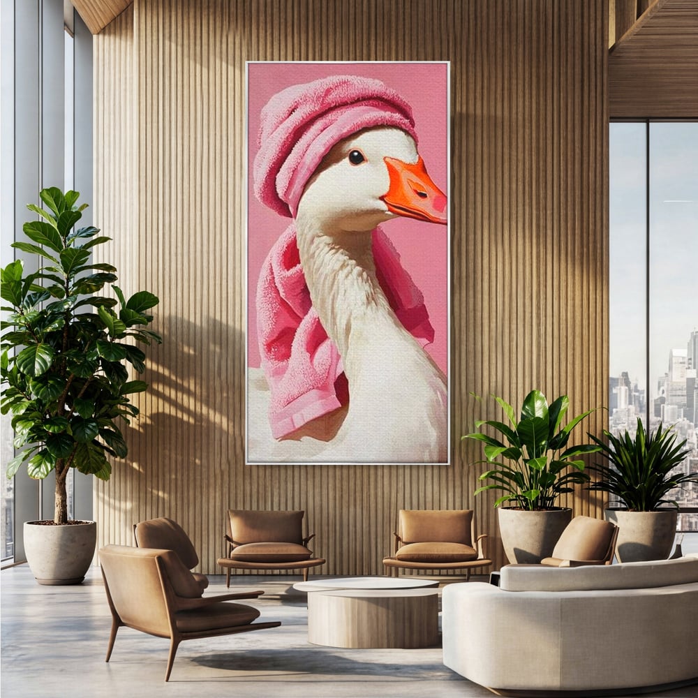 Leinwand Wandkunst Leinwand Wandkunst Premium, LuxCanva® M1527, Schönheitsritual, Badezimmer, Handtuch, rosa, rosa, Gans, Vogel, liebenswert, sauber, elegant, Schlafzimmer, Büro, Wohnen, Babyzimmer
