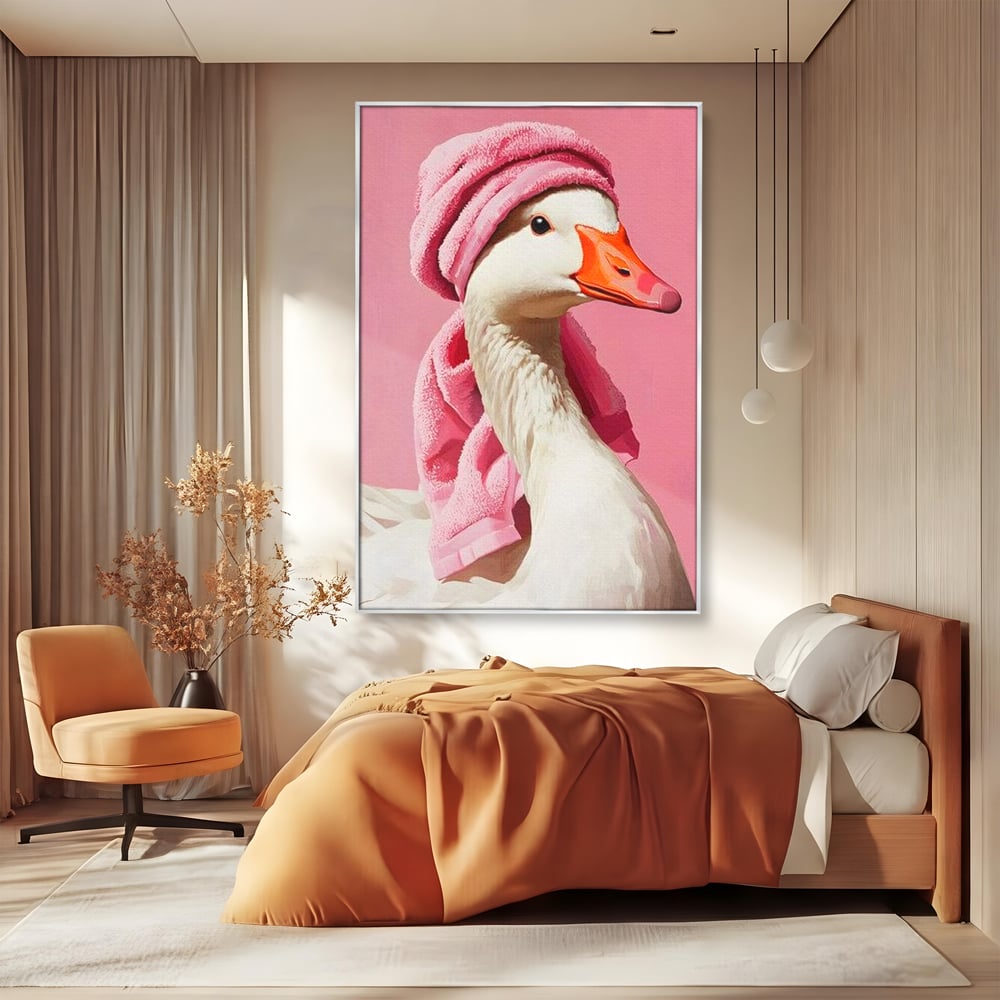 Leinwand Wandkunst Leinwand Wandkunst Premium, LuxCanva® M1527, Schönheitsritual, Badezimmer, Handtuch, rosa, rosa, Gans, Vogel, liebenswert, sauber, elegant, Schlafzimmer, Büro, Wohnen, Babyzimmer