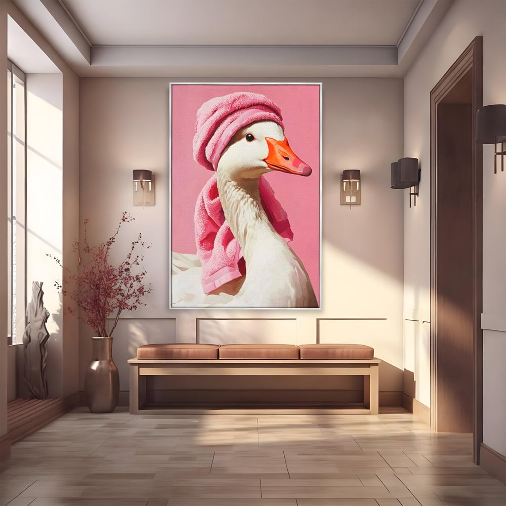 Leinwand Wandkunst Leinwand Wandkunst Premium, LuxCanva® M1527, Schönheitsritual, Badezimmer, Handtuch, rosa, rosa, Gans, Vogel, liebenswert, sauber, elegant, Schlafzimmer, Büro, Wohnen, Babyzimmer