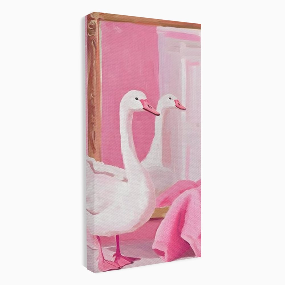 Leinwand Wandkunst Canvas Premium, LuxCanva® M1529, Enchanted Mirror, Schwan, Rosa, Handtuch, Badezimmer, Badezimmer, Spiegel, Spiegel, Reflexion, Adorable, Sauber, Schlafzimmer, Büro, Wohnen, Kinderzimmer