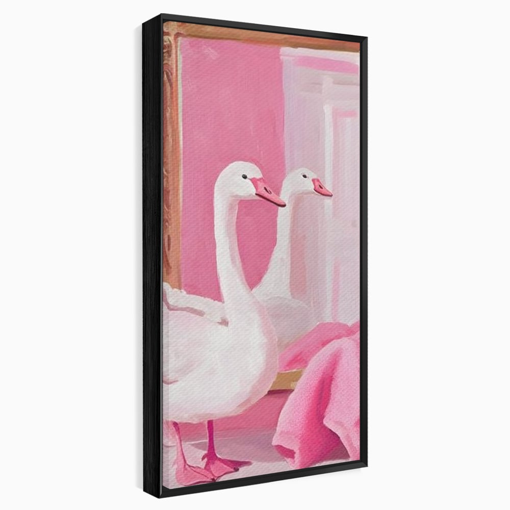 Leinwand Wandkunst Canvas Premium, LuxCanva® M1529, Enchanted Mirror, Schwan, Rosa, Handtuch, Badezimmer, Badezimmer, Spiegel, Spiegel, Reflexion, Adorable, Sauber, Schlafzimmer, Büro, Wohnen, Kinderzimmer