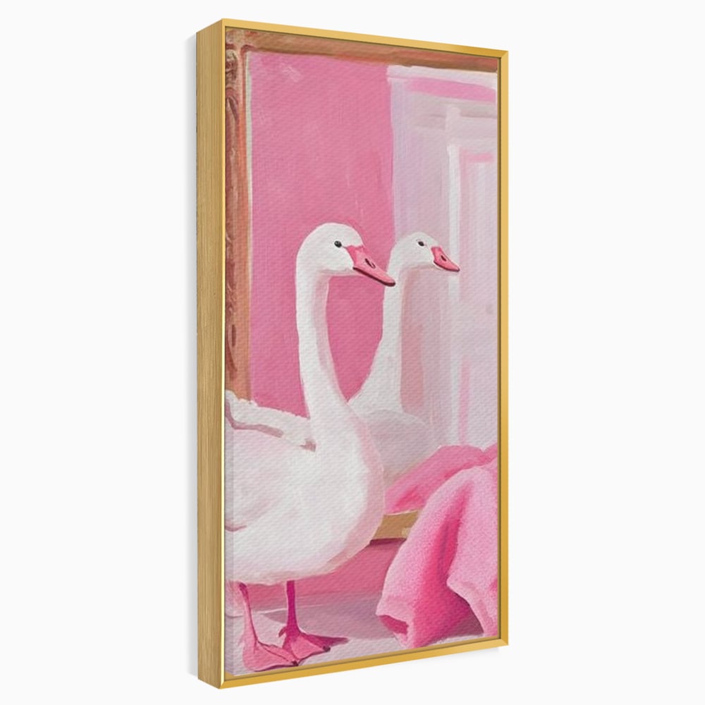 Leinwand Wandkunst Canvas Premium, LuxCanva® M1529, Enchanted Mirror, Schwan, Rosa, Handtuch, Badezimmer, Badezimmer, Spiegel, Spiegel, Reflexion, Adorable, Sauber, Schlafzimmer, Büro, Wohnen, Kinderzimmer