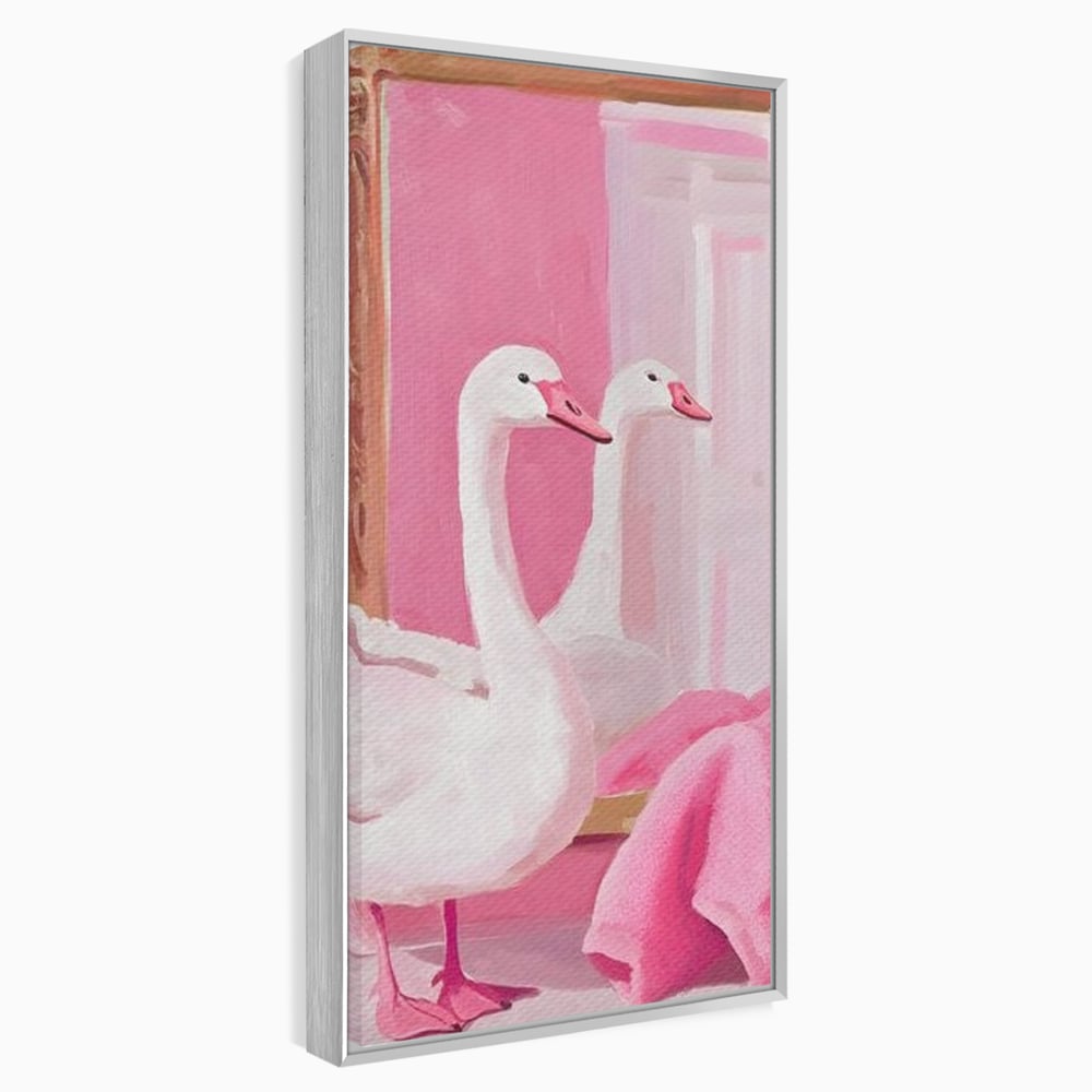 Leinwand Wandkunst Canvas Premium, LuxCanva® M1529, Enchanted Mirror, Schwan, Rosa, Handtuch, Badezimmer, Badezimmer, Spiegel, Spiegel, Reflexion, Adorable, Sauber, Schlafzimmer, Büro, Wohnen, Kinderzimmer
