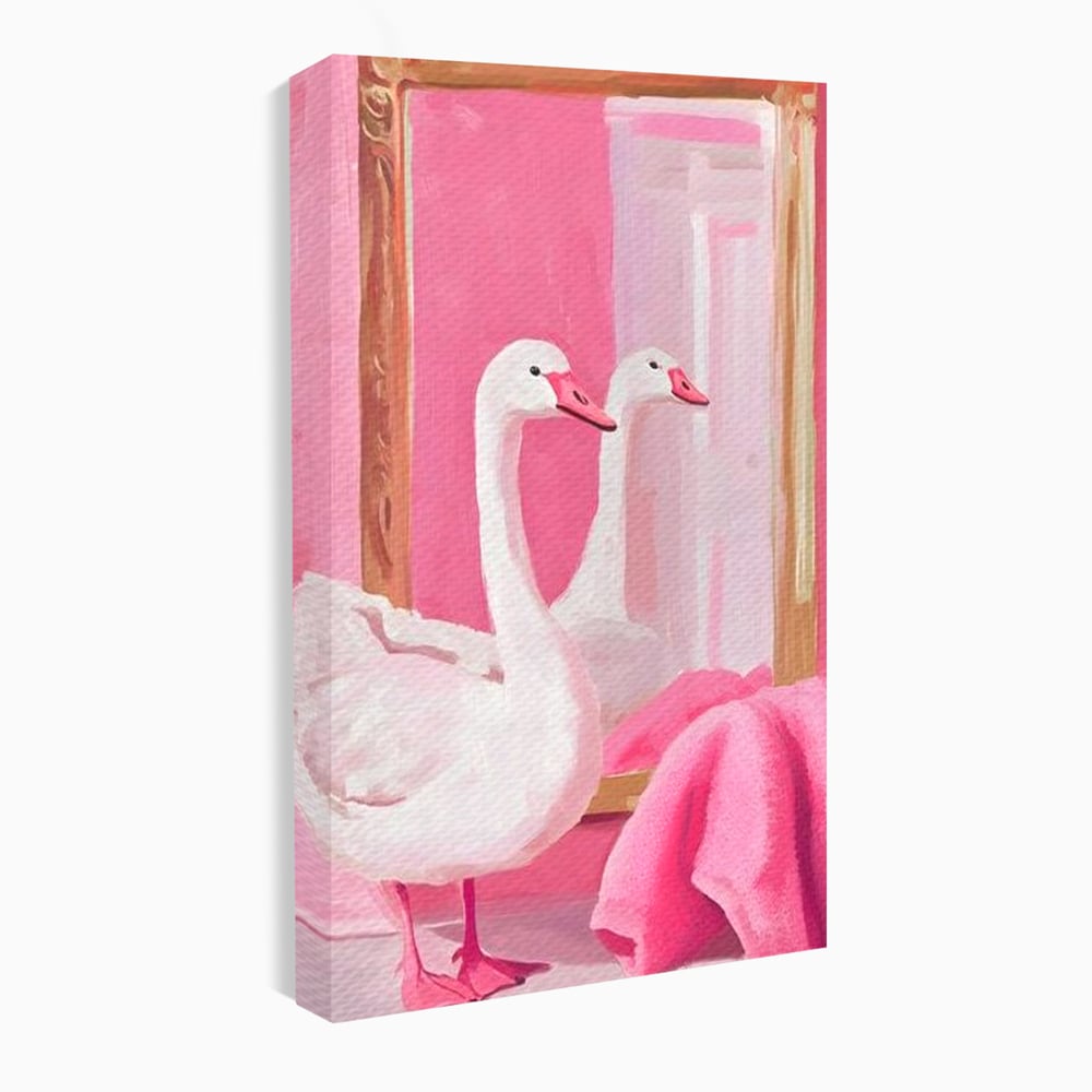 Leinwand Wandkunst Canvas Premium, LuxCanva® M1529, Enchanted Mirror, Schwan, Rosa, Handtuch, Badezimmer, Badezimmer, Spiegel, Spiegel, Reflexion, Adorable, Sauber, Schlafzimmer, Büro, Wohnen, Kinderzimmer