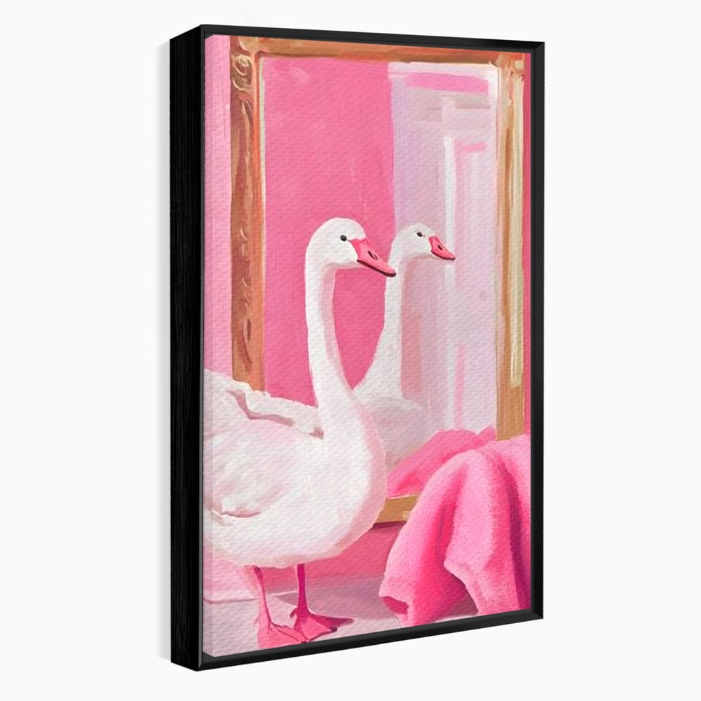 Leinwand Wandkunst Canvas Premium, LuxCanva® M1529, Enchanted Mirror, Schwan, Rosa, Handtuch, Badezimmer, Badezimmer, Spiegel, Spiegel, Reflexion, Adorable, Sauber, Schlafzimmer, Büro, Wohnen, Kinderzimmer