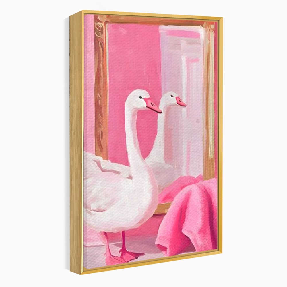 Leinwand Wandkunst Canvas Premium, LuxCanva® M1529, Enchanted Mirror, Schwan, Rosa, Handtuch, Badezimmer, Badezimmer, Spiegel, Spiegel, Reflexion, Adorable, Sauber, Schlafzimmer, Büro, Wohnen, Kinderzimmer
