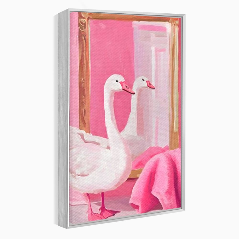 Leinwand Wandkunst Canvas Premium, LuxCanva® M1529, Enchanted Mirror, Schwan, Rosa, Handtuch, Badezimmer, Badezimmer, Spiegel, Spiegel, Reflexion, Adorable, Sauber, Schlafzimmer, Büro, Wohnen, Kinderzimmer
