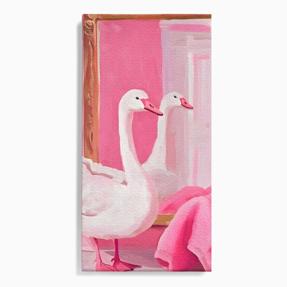 Leinwand Wandkunst Canvas Premium, LuxCanva® M1529, Enchanted Mirror, Schwan, Rosa, Handtuch, Badezimmer, Badezimmer, Spiegel, Spiegel, Reflexion, Adorable, Sauber, Schlafzimmer, Büro, Wohnen, Kinderzimmer