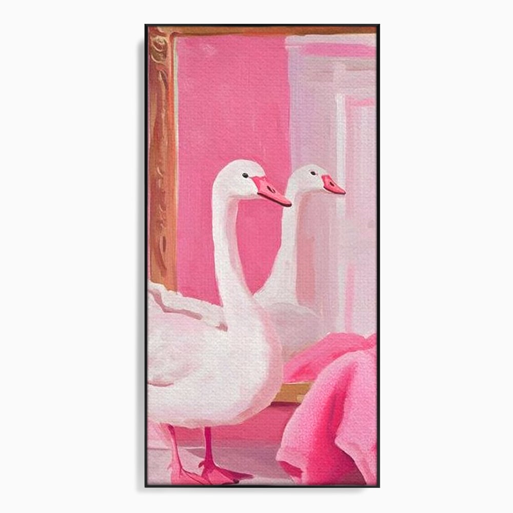 Leinwand Wandkunst Canvas Premium, LuxCanva® M1529, Enchanted Mirror, Schwan, Rosa, Handtuch, Badezimmer, Badezimmer, Spiegel, Spiegel, Reflexion, Adorable, Sauber, Schlafzimmer, Büro, Wohnen, Kinderzimmer