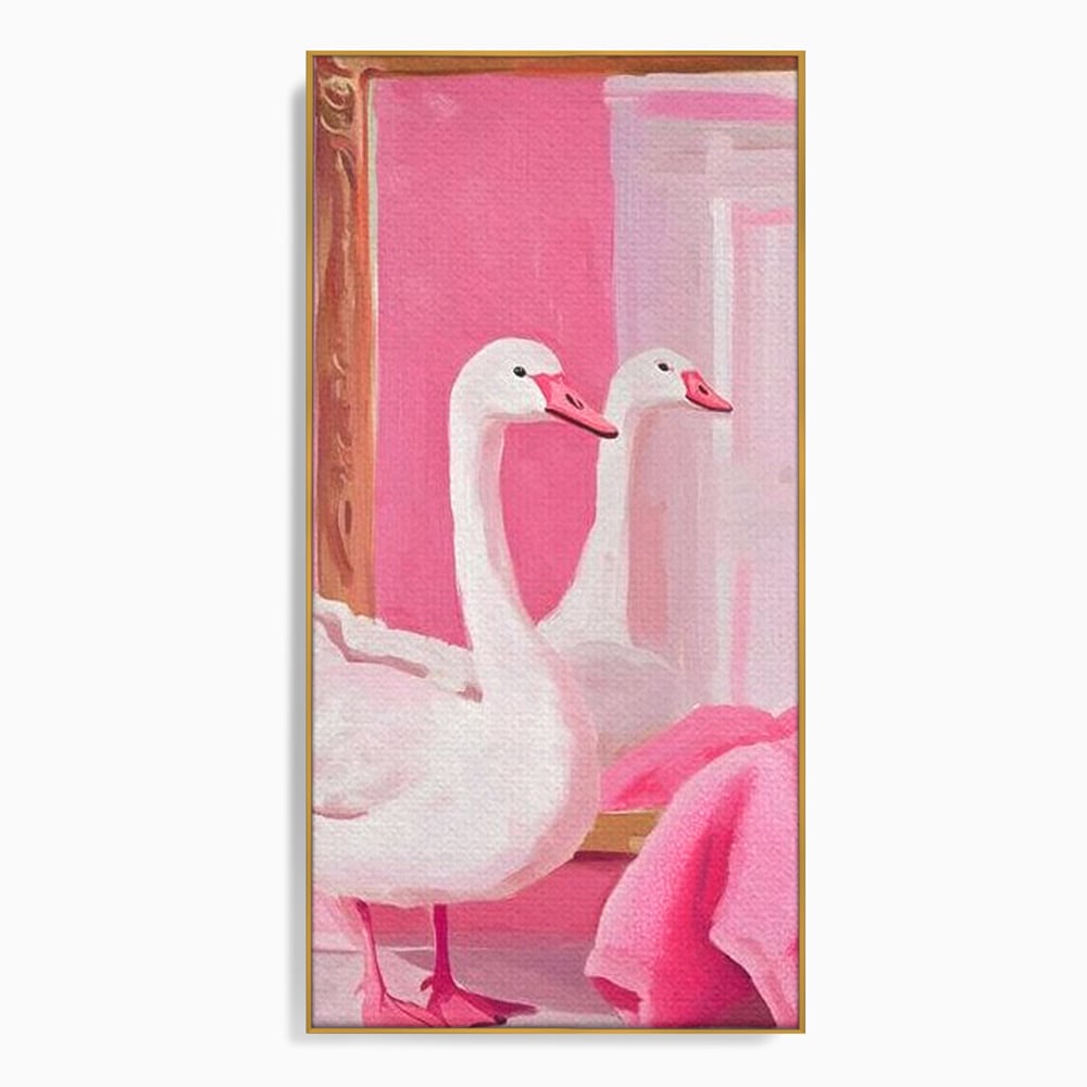 Leinwand Wandkunst Canvas Premium, LuxCanva® M1529, Enchanted Mirror, Schwan, Rosa, Handtuch, Badezimmer, Badezimmer, Spiegel, Spiegel, Reflexion, Adorable, Sauber, Schlafzimmer, Büro, Wohnen, Kinderzimmer