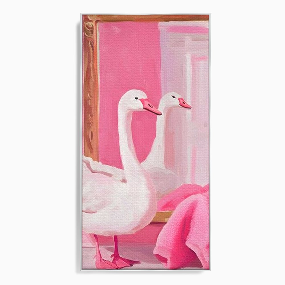 Leinwand Wandkunst Canvas Premium, LuxCanva® M1529, Enchanted Mirror, Schwan, Rosa, Handtuch, Badezimmer, Badezimmer, Spiegel, Spiegel, Reflexion, Adorable, Sauber, Schlafzimmer, Büro, Wohnen, Kinderzimmer