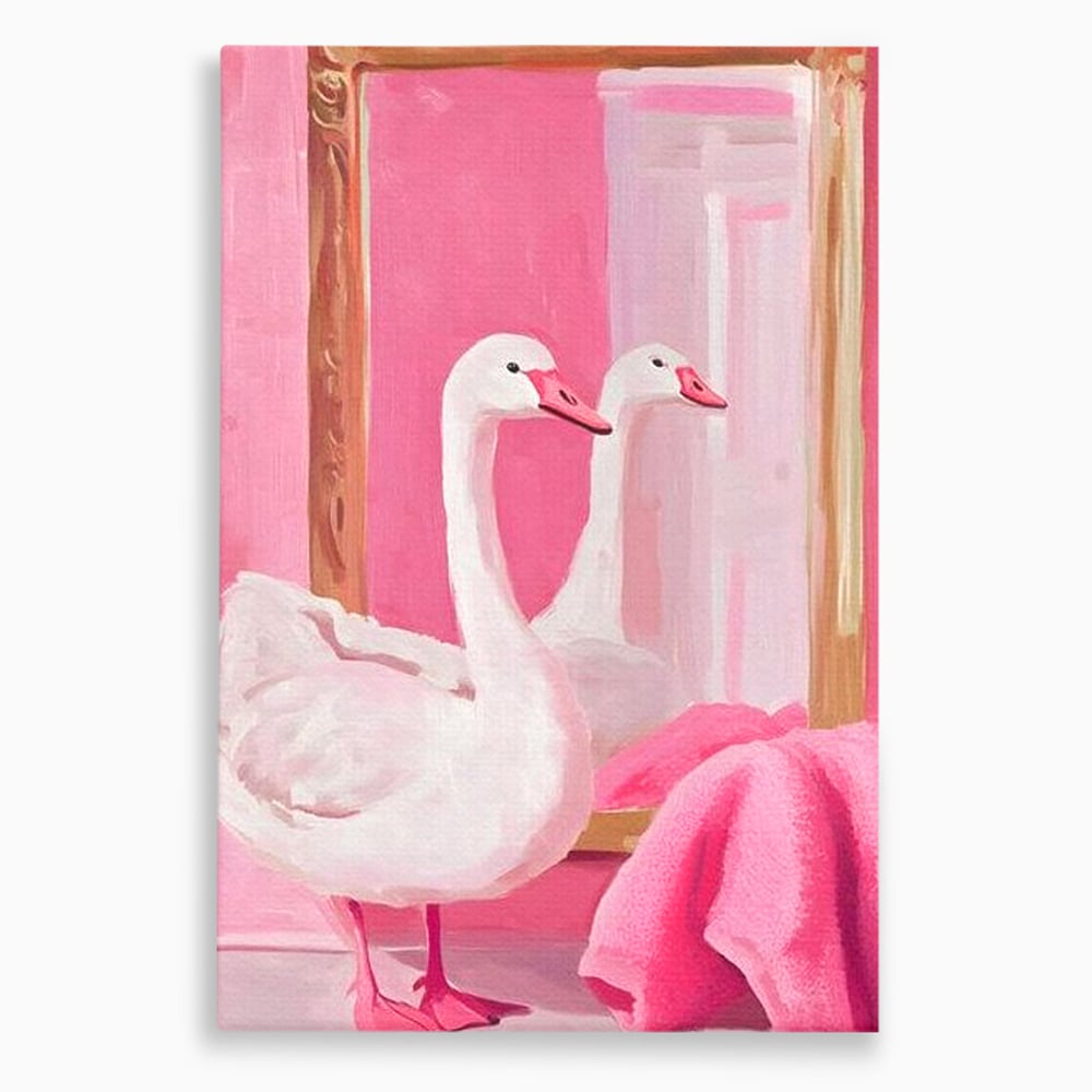 Leinwand Wandkunst Canvas Premium, LuxCanva® M1529, Enchanted Mirror, Schwan, Rosa, Handtuch, Badezimmer, Badezimmer, Spiegel, Spiegel, Reflexion, Adorable, Sauber, Schlafzimmer, Büro, Wohnen, Kinderzimmer
