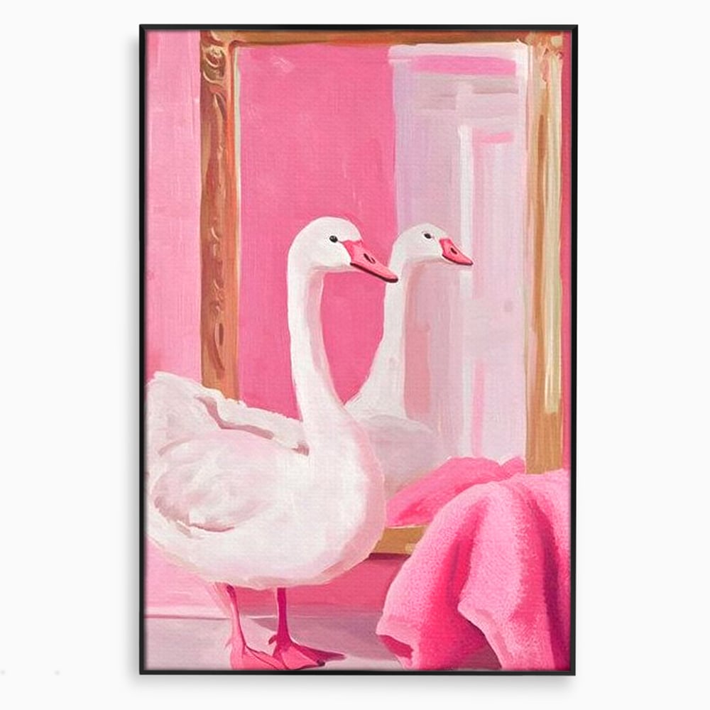 Leinwand Wandkunst Canvas Premium, LuxCanva® M1529, Enchanted Mirror, Schwan, Rosa, Handtuch, Badezimmer, Badezimmer, Spiegel, Spiegel, Reflexion, Adorable, Sauber, Schlafzimmer, Büro, Wohnen, Kinderzimmer