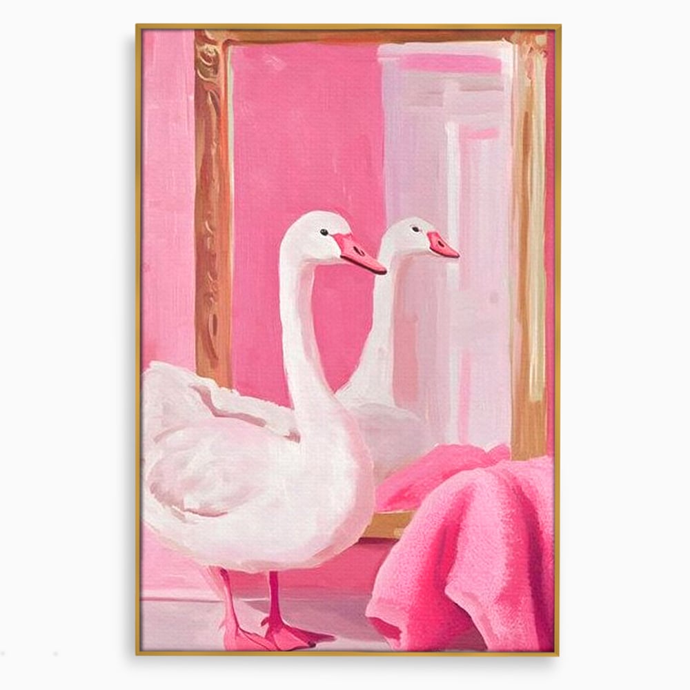 Leinwand Wandkunst Canvas Premium, LuxCanva® M1529, Enchanted Mirror, Schwan, Rosa, Handtuch, Badezimmer, Badezimmer, Spiegel, Spiegel, Reflexion, Adorable, Sauber, Schlafzimmer, Büro, Wohnen, Kinderzimmer