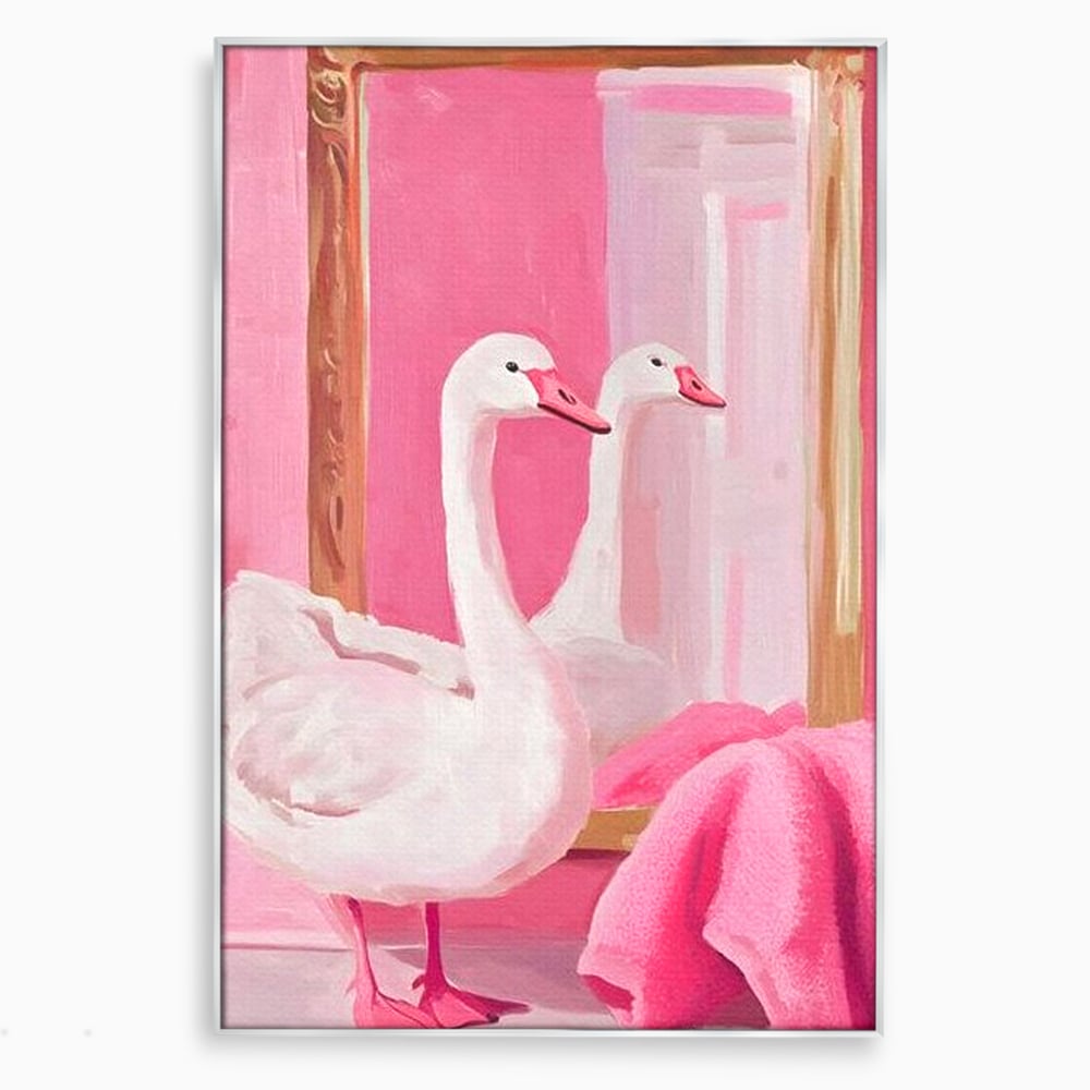 Leinwand Wandkunst Canvas Premium, LuxCanva® M1529, Enchanted Mirror, Schwan, Rosa, Handtuch, Badezimmer, Badezimmer, Spiegel, Spiegel, Reflexion, Adorable, Sauber, Schlafzimmer, Büro, Wohnen, Kinderzimmer