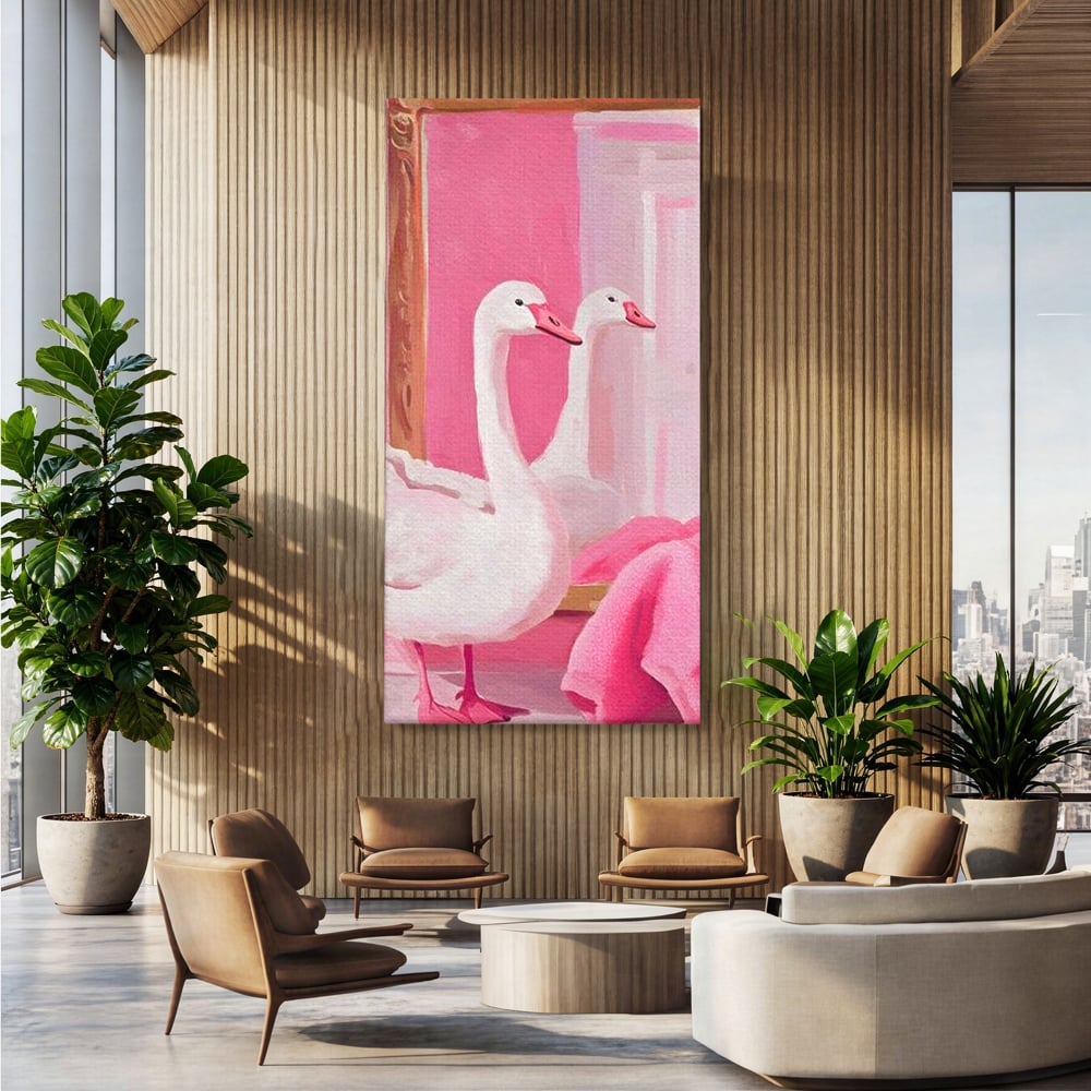 Leinwand Wandkunst Canvas Premium, LuxCanva® M1529, Enchanted Mirror, Schwan, Rosa, Handtuch, Badezimmer, Badezimmer, Spiegel, Spiegel, Reflexion, Adorable, Sauber, Schlafzimmer, Büro, Wohnen, Kinderzimmer