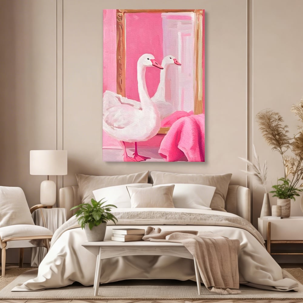 Leinwand Wandkunst Canvas Premium, LuxCanva® M1529, Enchanted Mirror, Schwan, Rosa, Handtuch, Badezimmer, Badezimmer, Spiegel, Spiegel, Reflexion, Adorable, Sauber, Schlafzimmer, Büro, Wohnen, Kinderzimmer