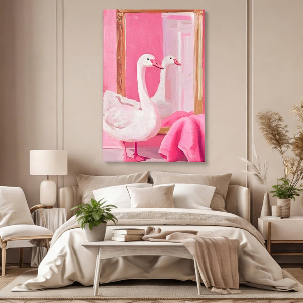 Leinwand Wandkunst Canvas Premium, LuxCanva® M1529, Enchanted Mirror, Schwan, Rosa, Handtuch, Badezimmer, Badezimmer, Spiegel, Spiegel, Reflexion, Adorable, Sauber, Schlafzimmer, Büro, Wohnen, Kinderzimmer
