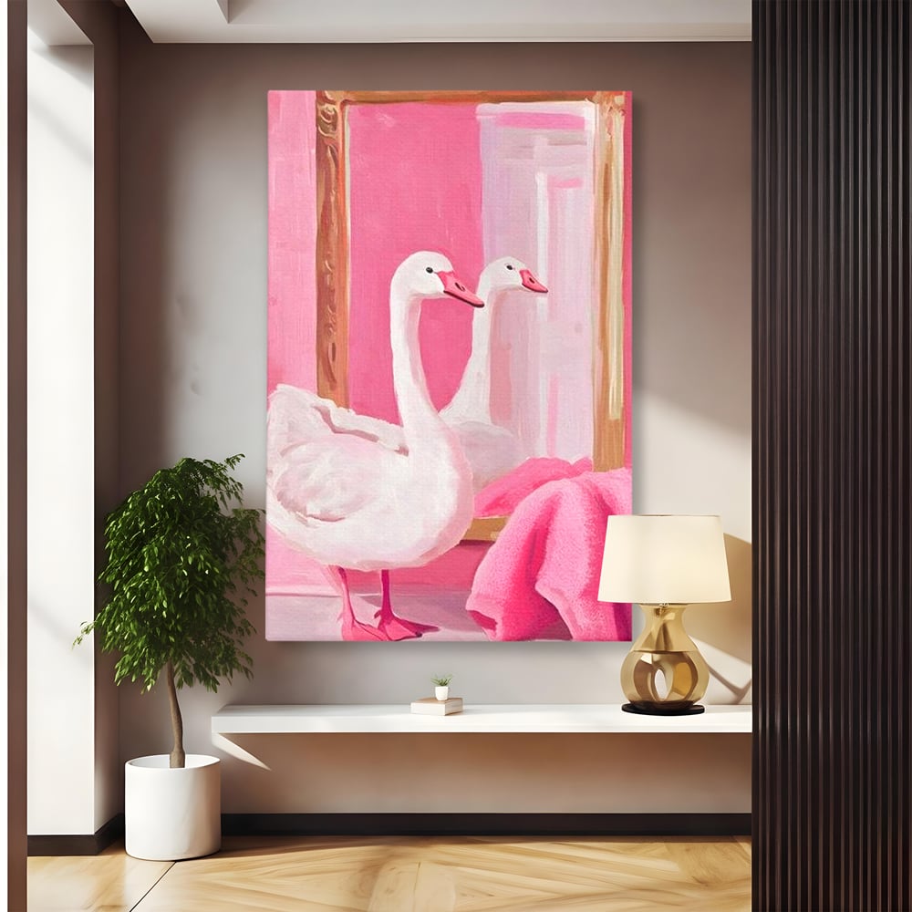 Leinwand Wandkunst Canvas Premium, LuxCanva® M1529, Enchanted Mirror, Schwan, Rosa, Handtuch, Badezimmer, Badezimmer, Spiegel, Spiegel, Reflexion, Adorable, Sauber, Schlafzimmer, Büro, Wohnen, Kinderzimmer