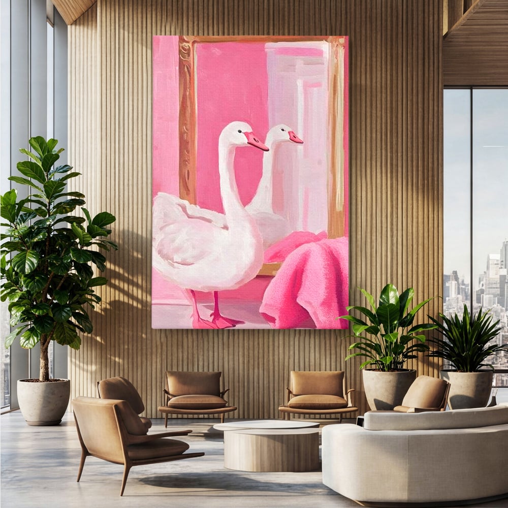 Leinwand Wandkunst Canvas Premium, LuxCanva® M1529, Enchanted Mirror, Schwan, Rosa, Handtuch, Badezimmer, Badezimmer, Spiegel, Spiegel, Reflexion, Adorable, Sauber, Schlafzimmer, Büro, Wohnen, Kinderzimmer