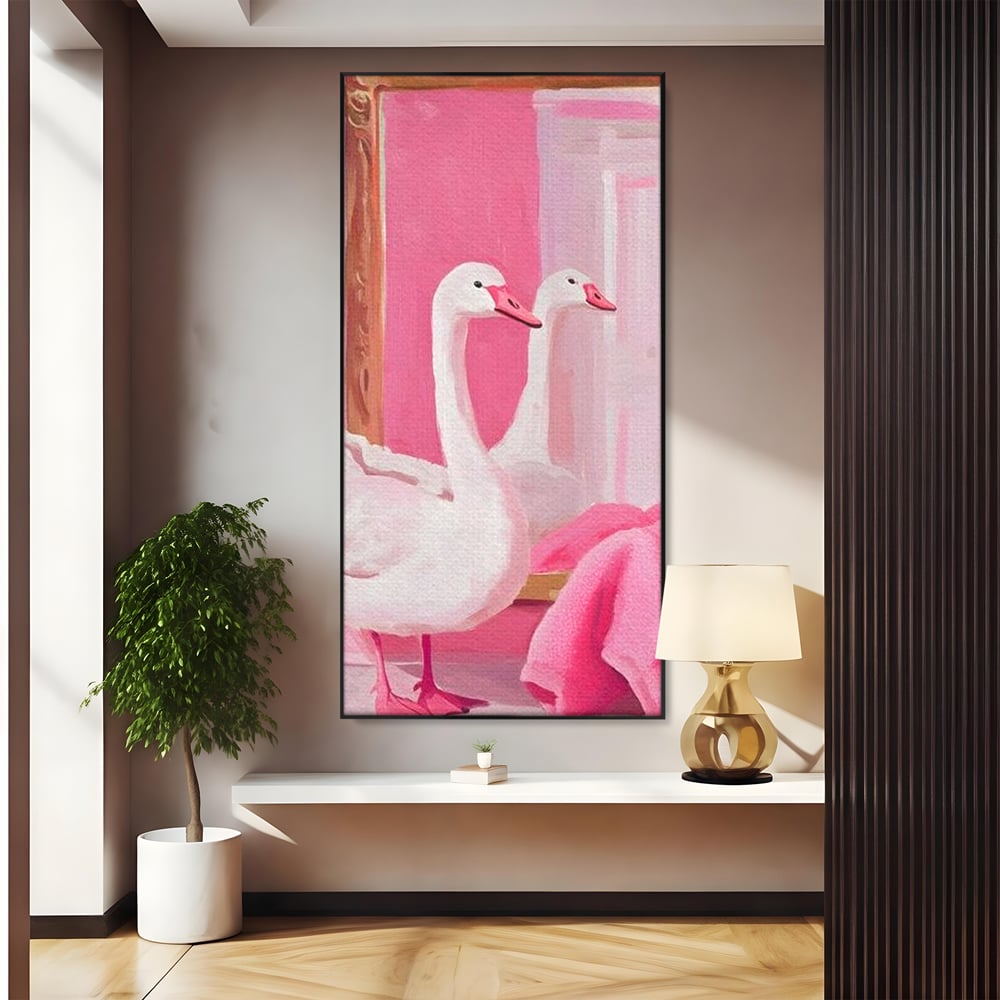 Leinwand Wandkunst Canvas Premium, LuxCanva® M1529, Enchanted Mirror, Schwan, Rosa, Handtuch, Badezimmer, Badezimmer, Spiegel, Spiegel, Reflexion, Adorable, Sauber, Schlafzimmer, Büro, Wohnen, Kinderzimmer